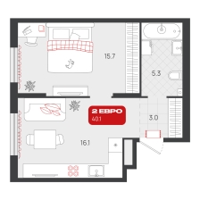 1-комнатная, 40.1 м²