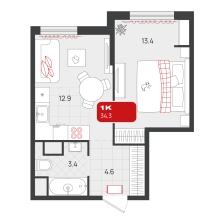 1-комнатная, 34.3 м²