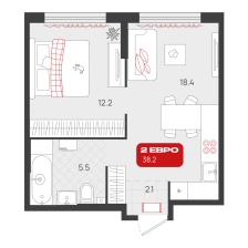1-комнатная, 38.2 м²