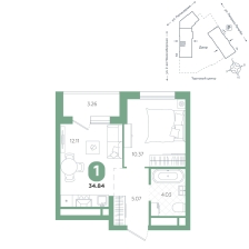 1-комнатная, 34.8 м²