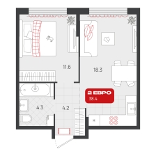 1-комнатная, 38.4 м²