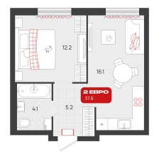 1-комнатная, 37.6 м²