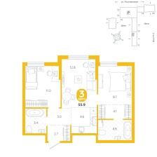 2-комнатная, 55.9 м²