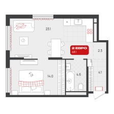 1-комнатная, 48.1 м²