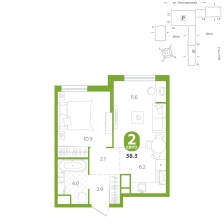1-комнатная, 38.3 м²