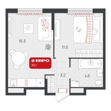 1-комнатная, 35.1 м²