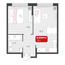 1-комнатная, 38.4 м²