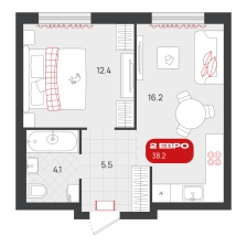 1-комнатная, 38.2 м²