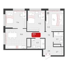 3-комнатная, 67.4 м²