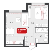 1-комнатная, 36.1 м²
