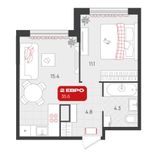 1-комнатная, 35.6 м²
