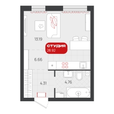 Студия, 28.9 м²