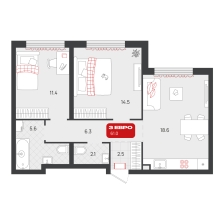 2-комнатная, 61 м²