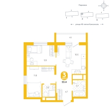 2-комнатная, 53.4 м²