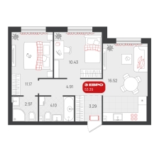 2-комнатная, 53.4 м²