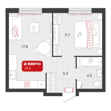 1-комнатная, 39.3 м²