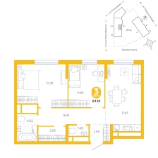 2-комнатная, 64.2 м²