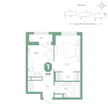 1-комнатная, 37.9 м²