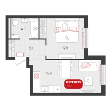 1-комнатная, 37.7 м²