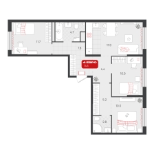 3-комнатная, 74.5 м²