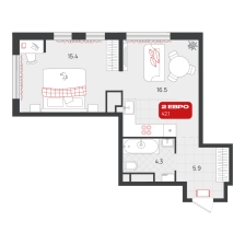 1-комнатная, 42.1 м²
