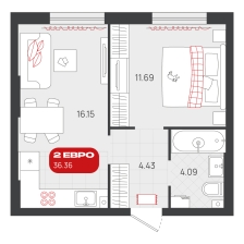 1-комнатная, 36.4 м²