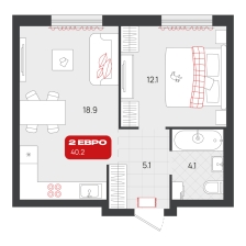 1-комнатная, 40.2 м²