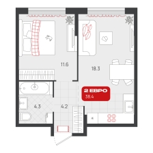 1-комнатная, 38.4 м²