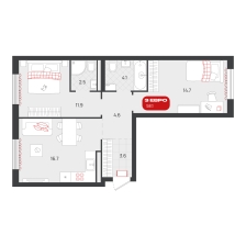 2-комнатная, 58.1 м²