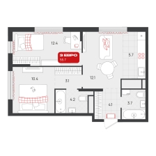 2-комнатная, 55.7 м²