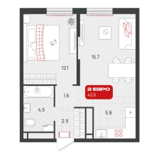 1-комнатная, 42.6 м²