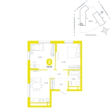 2-комнатная, 54.5 м²