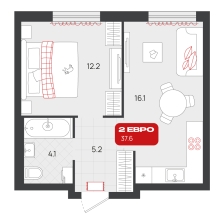 1-комнатная, 37.6 м²