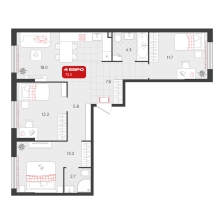 3-комнатная, 75.5 м²
