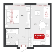 1-комнатная, 37.6 м²