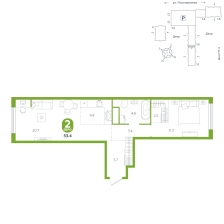 1-комнатная, 53.4 м²