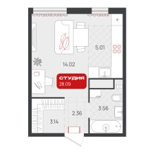 Студия, 28.1 м²