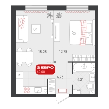 1-комнатная, 40 м²