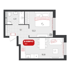 1-комнатная, 38.1 м²