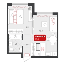 1-комнатная, 35.4 м²