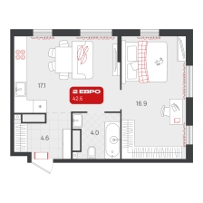 1-комнатная, 42.6 м²