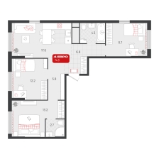 3-комнатная, 74.3 м²