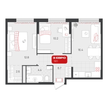 2-комнатная, 53.1 м²