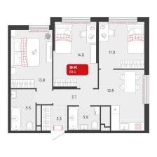 3-комнатная, 68.4 м²