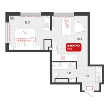 1-комнатная, 39.9 м²