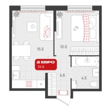 1-комнатная, 34.6 м²