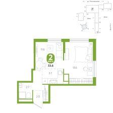 1-комнатная, 33.6 м²