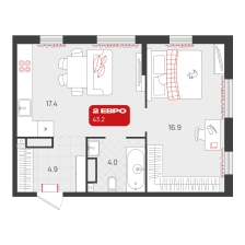 1-комнатная, 43.2 м²