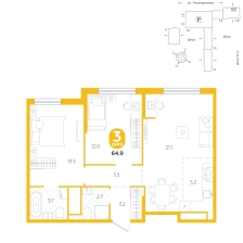2-комнатная, 64.9 м²