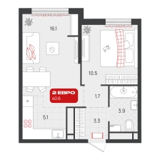 1-комнатная, 40.6 м²